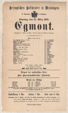 Theaterzettel zur Aufführung desTrauerspiels "Egmont. von Goethe" in der Spielzeit 1894/95 des Herzoglichen Hoftheaters in Meiningen.