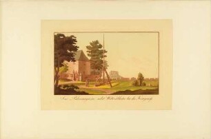 Pulvermagazin und Blitzableiter oberhalb der Königsnase auf der Festung Königstein in der Sächsischen Schweiz mit Blick nach Norden auf den Lilienstein, aus einer Serie nach Engelbrechts Prospekten der Festung Königstein 1735 von Pintz