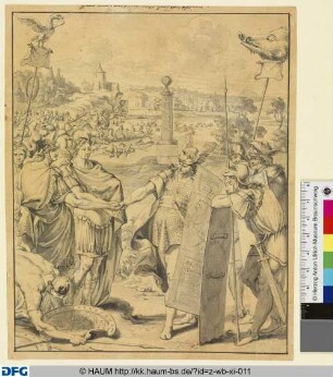 "Waffenstillstand zwischen Tiberius, Germanicus und Hermann auf einer Rheininsel mit Gedächtnissäule zum Zeichen des Friedens."