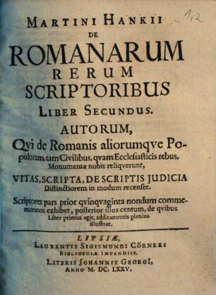 Martini Hankii De Romanarum Rerum Scriptoribus, Liber. 2