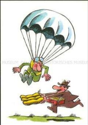 Humoristische Postkartenserie mit NVA-Motiven, Fallschirmspringer