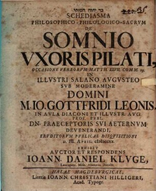 Schediasma ... de somnio uxoris Pilati