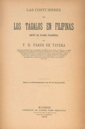 Las costumbres de los Tagalos en Filipinas según el Padre Plasencia