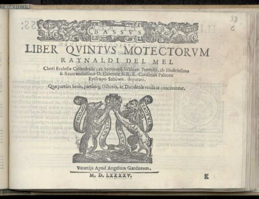 Rinaldo del Mel: Liber quintus motectorum ... partim senis, partimque octonis ... Bassus