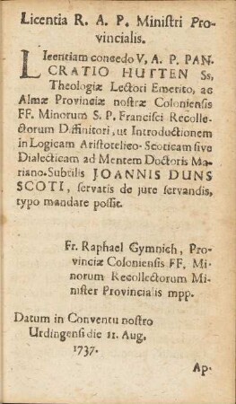 Licentia R. A. P. Ministri Provincialis.