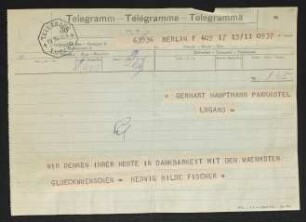 Brief von Hedwig Fischer an Gerhart Hauptmann