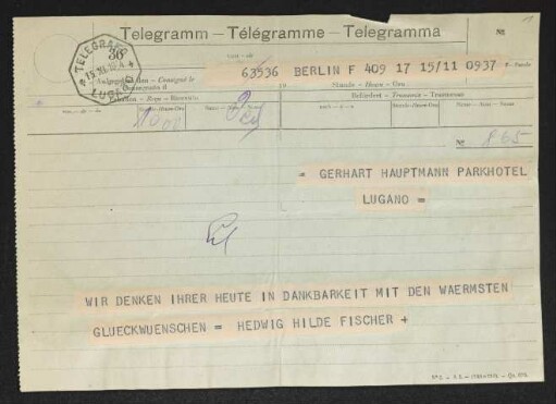 Brief von Hedwig Fischer an Gerhart Hauptmann