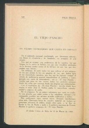 El viejo Pancho : Un pájaro extranjero que canta en criollo