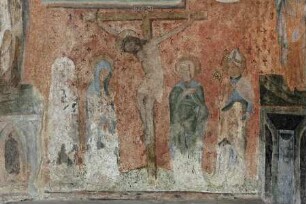 Frankfurter Wandmalerei der Kreuzigung Christi — Kreuzigungsgruppe mit Maria, Apostel Johannes und einem heiligen Bischof