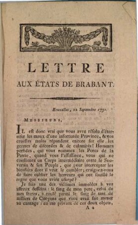 Lettre Aux États De Brabant : Du 22 Septembre 1791