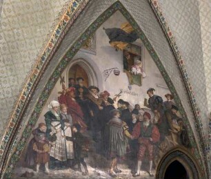 Wandbild: "Der Einzug der Leipziger Professoren und Studenten in Meißen im Jahr 1547"