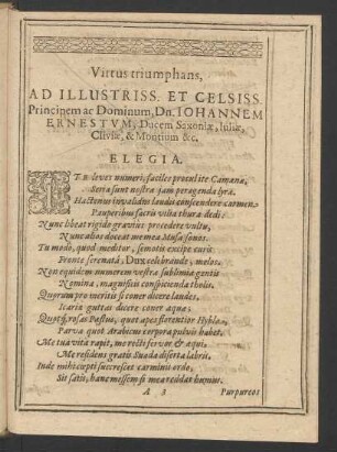 Virtus triumphans, Ad ... Dn. Iohannem Ernestum, Ducem Saxoniae ... Elegia.