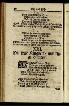 XXI. Die tolle Klugheit / und kluge Dumheit.