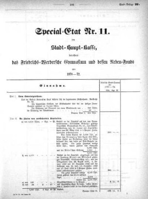 1869,22: Special-Etat Nr. 11 der Stadt-Haupt-Kasse betreffend das Friedrichs-Werdersche Gymnasium und dessen Neben-Fonds pro 1870-72