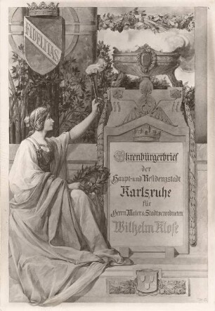 Ehrenbürger der Stadt Karlsruhe. Wilhelm Klose (18.11.1830-31.08.1914); Kunstmaler und Stadtverordneter; Ehrenbürger seit 22.10.1910