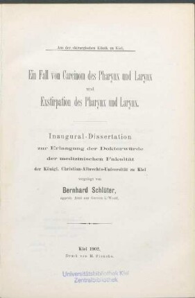 Ein Fall von Carcinom des Pharynx und Larynx und Exstirpation des Pharynx und Larynx