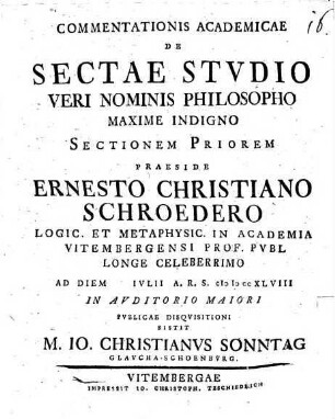 Commentationis acad. de sectae studio veri nominis philosopho maxime indigno, Sectio I