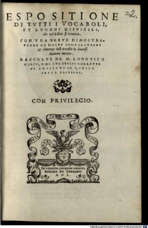 Expositione di tutti i Vocaboli ... dell Ariosto