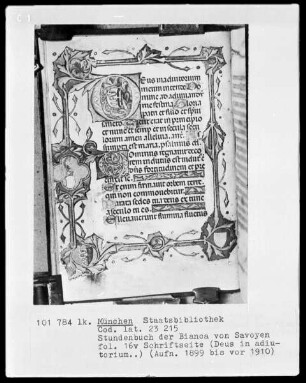 Stundenbuch der Bianca von Savoyen — Initiale D (eus in adiutorium) mit Bordüre, Folio 16 verso