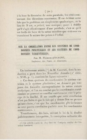 Sur la corrélation entre les systèmes de coordonnées ponctuelles et les systèmes de coordonnées tangentielles.