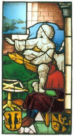 Geburt Mariens (rechte Hälfte) mit den Wappen des Kunz Horn und der Barbara Krell, aus der ehemaligen Annenkapelle auf dem Kirchhof von St. Lorenz, Nürnberg. Zugehörig zu einem Zyklus von vier Scheiben, linke Hälfte der Geburt Mariens: Gm.021, Geburt Christi: Gm.023-024
