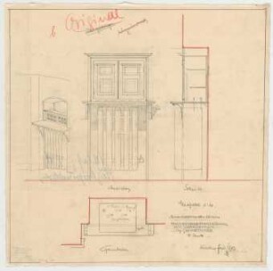 Thiersch, Friedrich von; München, Romanstr. 13; Villa von Hösslin - Heizkörperverkleidung im Schlafzimmer (Grundriss, Ansicht, Schnitt, Perspektive)
