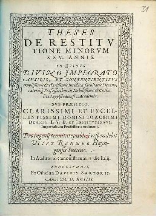 Theses De Restitvtione Minorvm XXV. Annis