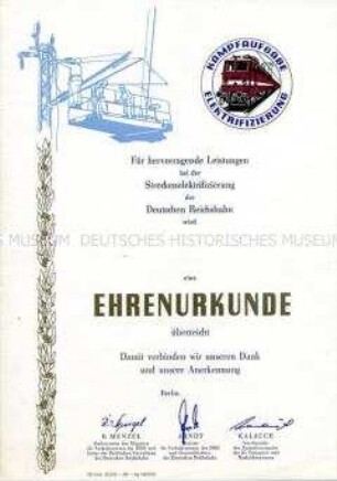 Ehrenurkunde "Für hervorragende Leistungen bei der Streckenelektrifizierung der Deutschen Reichsbahn" (blanko)