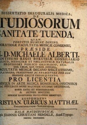 Diss. inaug. med. de studiosorum sanitate tuenda