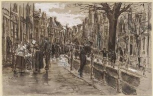 Belebte holländische Straße mit Gracht (Amsterdam)