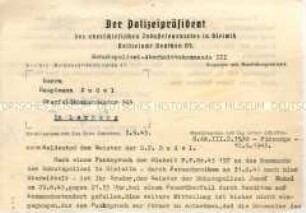 Benachrichtigung für Heinrich Dudel zum Tod des Bruders Josef Dudel