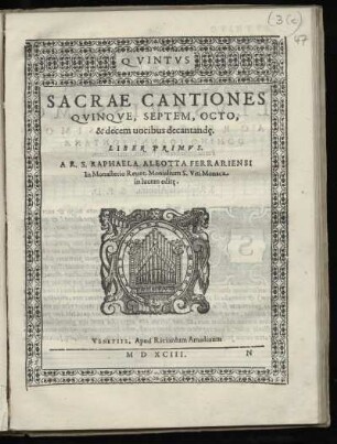 Raffaella Aleotti: Sacrae cantiones quinque, septem, octo, et decem vocibus ... Liber primus. Quintus