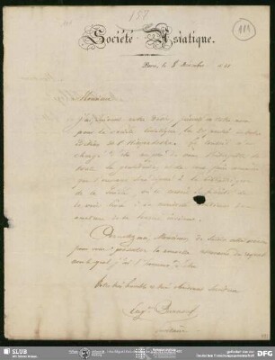 Eigenh. Brief von Eugène Burnouf an August Wilhelm von Schlegel, Paris, 08.12.1831