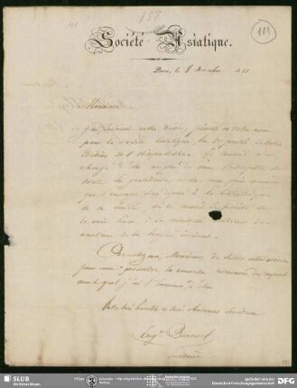 Eigenh. Brief von Eugène Burnouf an August Wilhelm von Schlegel, Paris, 08.12.1831