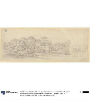 Potsdam-Sanssouci. Schloss Charlottenhof. Entwurf zum Wasserhebewerk mit Gärtnerwohnung südlich des Grabensees