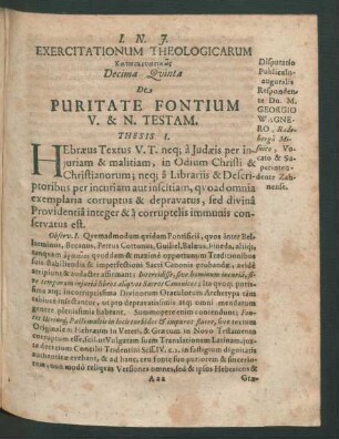 Decima Quinta De Puritate Fontium V. & N. Testam. Respondente Dn. M. Georgio Wagnero