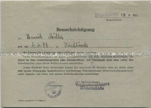 Benachrichtigung des Wehrmeldeamtes Wesermünde mit Bestätigung der Unabkömmlichstellung (UK-Stellung)