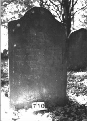 Grabstein 710 (Index: 99900478) Material: Sandstein Zustand: unten verwittet, sonst gut erhalten Maße HxBxT: 142x78x9 cm Beschreibung: Stele mit Konvexbogenabschluss, im Bogenfeld gekreuzte Zweige, Rückseite: im Bogenfeld Krone Symbolik: Krone, gekreuzte Zweige: Grabstein 710