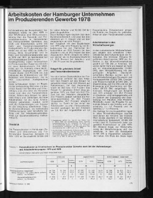 Arbeitskosten der Hamburger Unternehmen im Produzierenden Gewerbe 1978