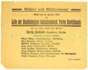 Programmatischer Wahlaufruf der USPD zur Unterstützung der Liste Fritz Zubeil bei den Wahlen zur Nationalversammlung - pro Arbeitsrecht und Arbeitspflicht