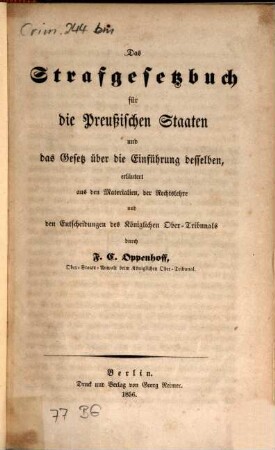 Das Strafgesetzbuch f. d. Preuss. Staaten