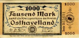 Kreisausschuß und Kreissparkasse des Kreises Osthavelland in Nauen: 1.000 Mark 1923