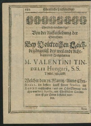 Christliche Leichpredigt ... M. Valentini Tindelii Hungari ...