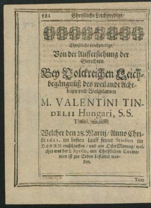 Christliche Leichpredigt ... M. Valentini Tindelii Hungari ...