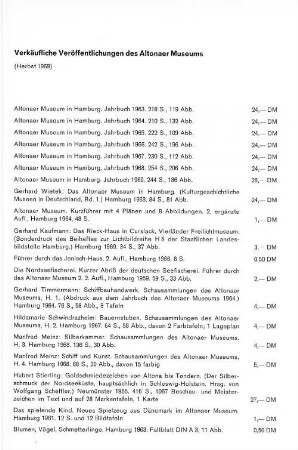 Verkäufliche Veröffentlichungen des Altonaer Museums (Herbst 1969)