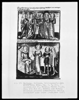 Ms. 1.3. Folio 7: Die Legende der Heiligen Hedwig, die heilige Hedwig und Herzog Heinrich geloben Keuschheit; Hedwig beschützt die armen Leute