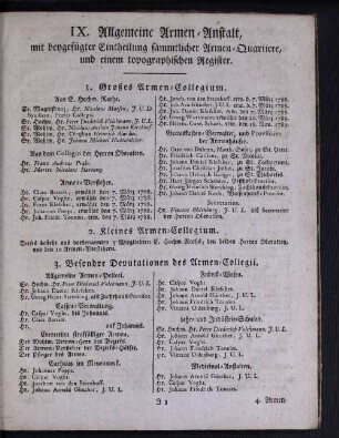 IX. Allgemeine Armen-Anstalt, mit beygefügter Eintheilung sämmtlicher Armen-Quartiere, und einem topographischen Register.
