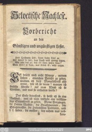 Vorbericht an den Günstigen und ungünstigen Leser.