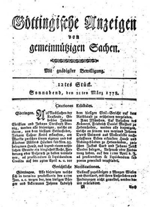 12tes Stück. Sonnabend, den 21ten März 1778.