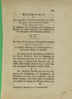 Ausschreiben der Herzogl. S. Meiningischen Landesregierung. 67, Ausschreiben der Herzoglichen Landesregierung und des Herzogl. Oberlandesgerichts vom 8. November 1838, die Instruktion über die Erhebung und Verrechnung der Sporteln und andern Gebühren, sowie Geldstrafen bei dem Herzoglichen Oberlandesgericht enthaltend